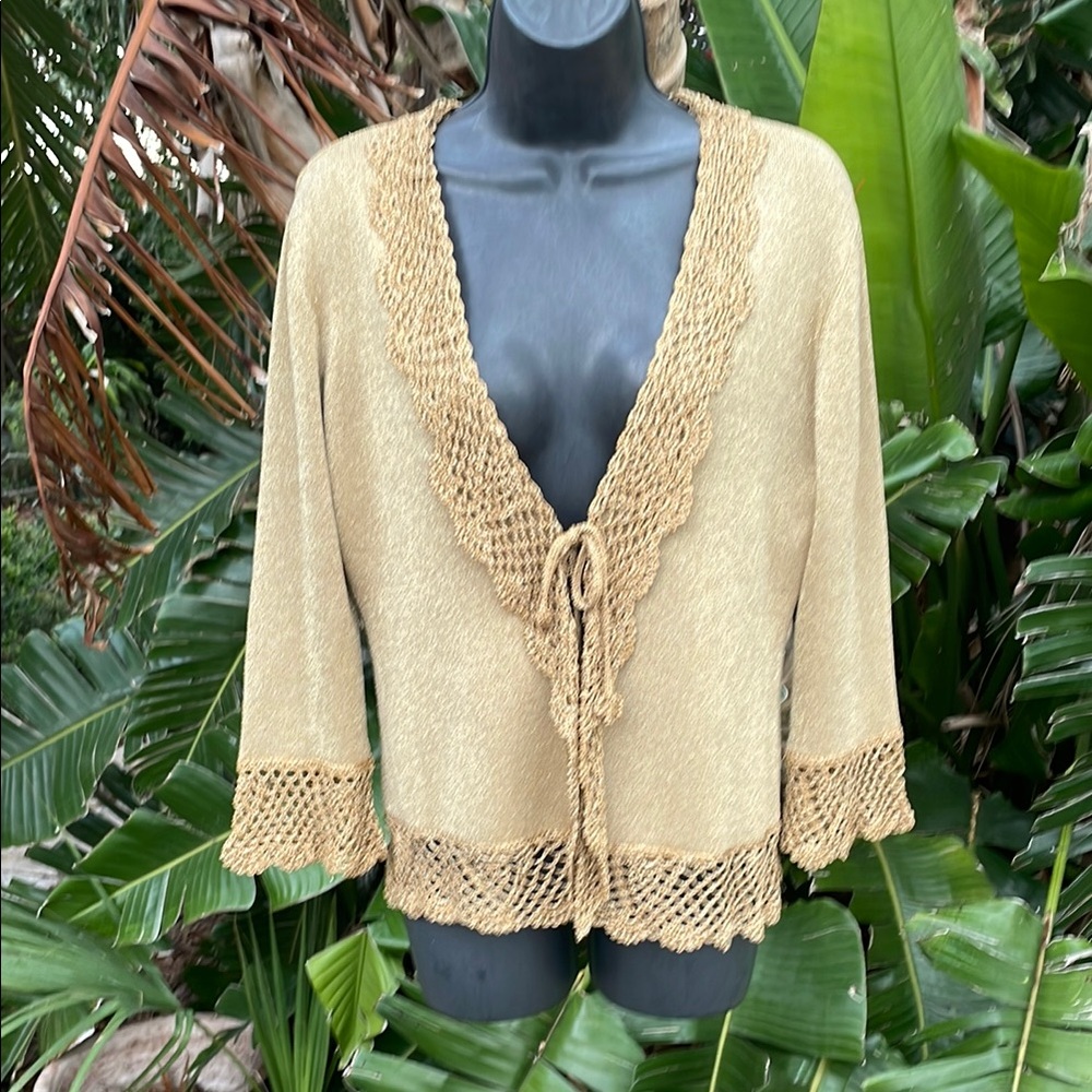 Gold sparkly, crochet, ruffle, trim, jacket, or top
